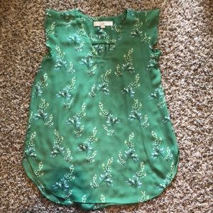 LOFT green spring floral ruffle beautiful blouse